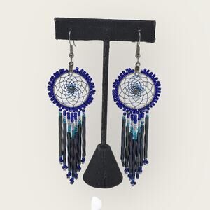 Indian Hand Made NWT Blue Sterling Silver Earrings Dreamcatcher Beaded